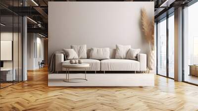 Scandinavian style living room interior mock up, modern living room interior background, beige sofa and pampas grass. Wall mural