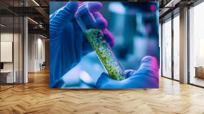 Scientist holding a sample of bacteria in a test tube conducting medical research and healthcare study Doctor wearing gloves examining a legionella sample up close as part of a scientific Wall mural