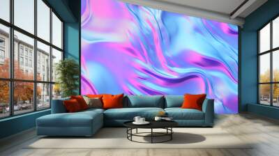 Seamless 80s holographic pink and blue frosted molten plastic jelly waves background texture. Trendy iridescent abstract neon webpunk or vaporwave aesthetic surreal wavy marble pattern.  Wall mural