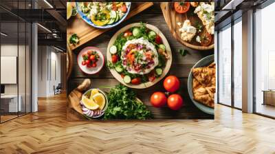 Selection of traditional greek food - salad, meze, pie, fish, tzatziki, dolma on wood background, top view Wall mural