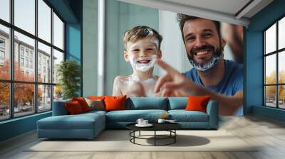 Shaving cream, bathroom and dad with son or reflection, happy and playful practice for growth or development. Father, boy and mirror in home for learning facial care, grooming and bonding with love. Wall mural