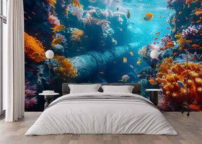 Showcase the underwater environment where submarine cables are installed, with colorful coral reefs and diverse marine life coexisting alongside the AI Wall mural