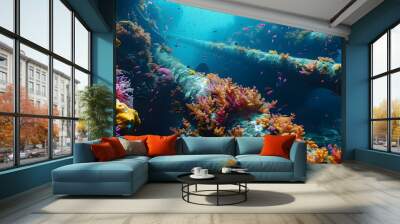 Showcase the underwater environment where submarine cables are installed, with colorful coral reefs and diverse marine life coexisting alongside the Wall mural