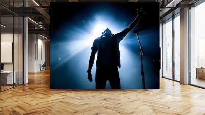 silhouette of rock star on stage with two arms in the air, holding a mic in left hand. Backlit by blue and white spot lights from behind Wall mural