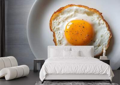 Single fried egg on white plate, minimalist composition. Wall mural