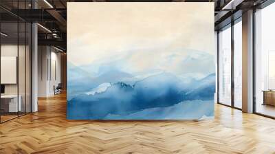 Smoke Ink watercolor, acrylic hand drawn painting blot. Wave blue, beige, white landscape on wet beige paper texture background. Wall mural