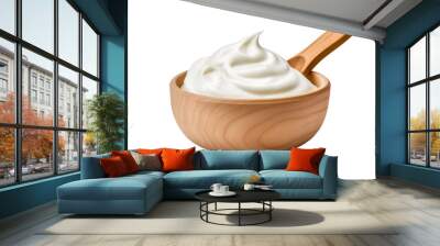 Sour cream in wooden bowl and spoon, mayonnaise, yogurt, isolated on transparent or white background, png Wall mural