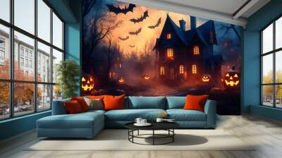 Spooky halloween background of ghost house with bats and jack-o-lanterns, digital illustration Wall mural