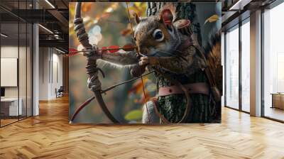 Squirrel in a tiny archer costume, climbing a tree for a better shot, acorn-themed arrows Wall mural