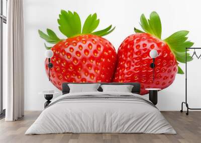 Strawberries isolated. Two ripe strawberries, half a strawberry with green leaves on a white background. Wall mural