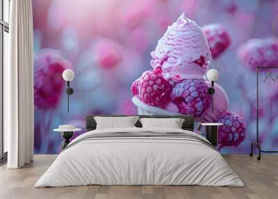 strawberry, vanilla, chocolate ice cream woth waffle cone on marble stone backgrounds Wall mural