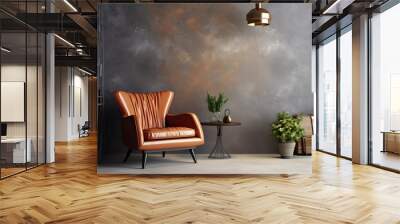 Style loft interior with leather armchair on dark cement wall. Wall mural