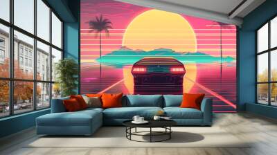 Summer vibes 80s style illustration with car driving into sunset. Generative AI. Wall mural