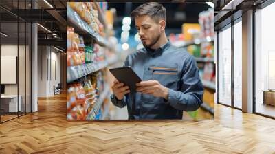 Supermarket employee checking products on shelves while holding tablet. Worker managing inventory and ensuring product availability. Focused on quality control and organization in grocery store. Wall mural