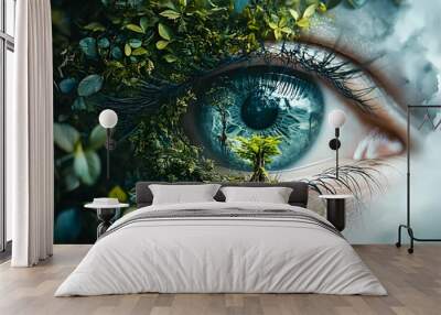 Surreal digital painting showing a human eye with plants and trees growing on it, conveying a message of environmental awareness Wall mural