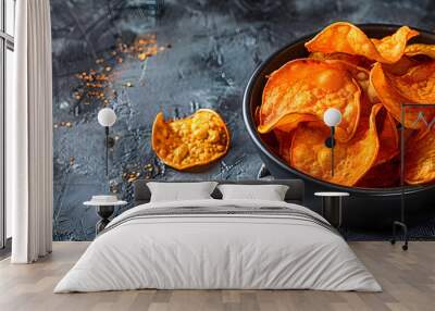 Sweet potato chips, baked and roasted, presented in a bowl with space for additional content, with a focused view. Wall mural