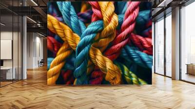 Team rope diverse strength connect partnership together teamwork unity communicate support. Strong diverse network rope team concept integrate braid color background cooperation empower power. Wall mural