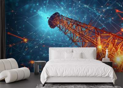 Telecommunication tower connecting global network with lines and nodes, symbolizing the power of communication technology Wall mural