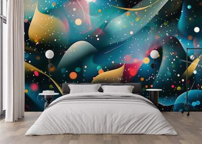 The background is a gradient of dark blue and black with sparkly light-colored dots scattered throughout. Modern art geometry shape or abstract art with colorful vibrant color. Trendy pattern. Wall mural