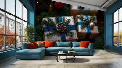 The Christmas gift boxes are decorated with festive decorations. Wall mural