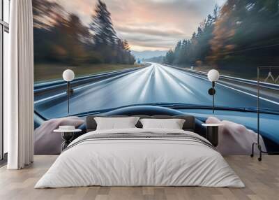 The point-of-view perspective from a driving car on a highway captures the sense of motion and travel Wall mural