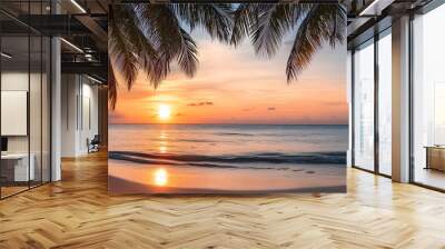 the sun is setting behind coconut trees on this beach, Wall mural