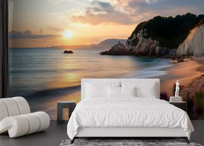 the sun sets over an ocean shore, and there are mountains next to the beach, Wall mural