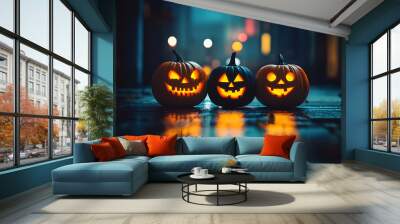 Three carved pumpkins for Halloween on night street blur background. Funny Halloween party concept. Wall mural