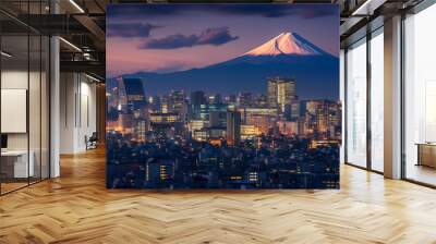 Tokyo skyline at night with view of Mount Fuji in the background Wall mural