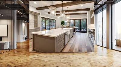 Traditional kitchen in beautiful new luxury home with hardwood floors, wood beams, and large island quartz counters. Includes farmhouse sink, elegant pendant lights, and large windows. Wall mural