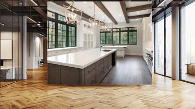 Traditional kitchen in beautiful new luxury home with hardwood floors, wood beams, and large island quartz counters. Includes farmhouse sink, elegant pendant lights, and large windows. Wall mural