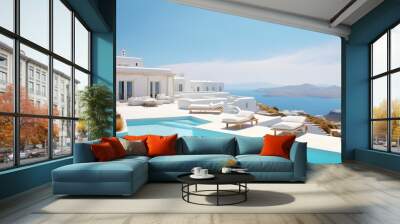 Traditional mediterranean white house with pool on hill with stunning sea view. Summer vacation background. Wall mural