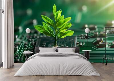 Tree growing on the converging point of computer circuit board. Green computing, Green technology, Green IT, CSR, and IT ethics. Concept of green technology. Environment green technology. Wall mural