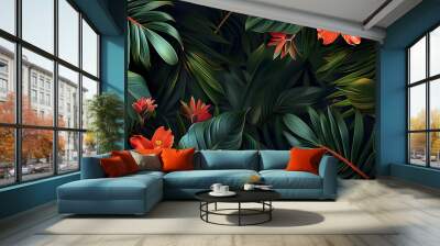 Tropical leaves and flowers against a dark backdrop Wall mural