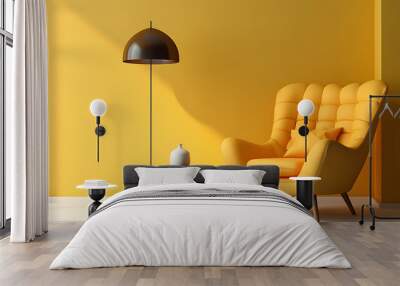 Tufted armchair and coffee table with lamp near yellow wall. Interior design of modern living room. Wall mural