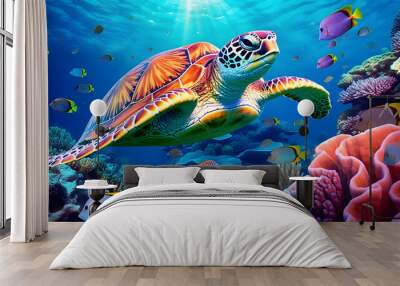 turtle with group of colorful fish and sea animals with colorful coral underwater in ocean. Wall mural