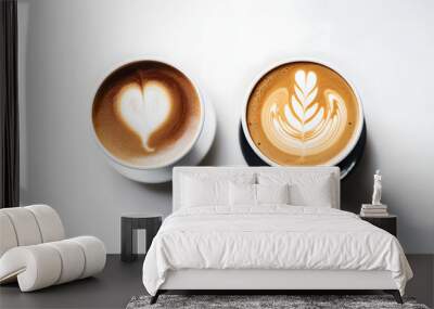 Two coffees including black and latte on white table Wall mural