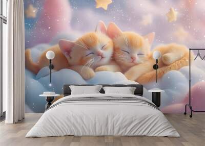 Two cute cats snuggle on a cloud in a whimsical, pastel dreamscape filled with stars. Wall mural