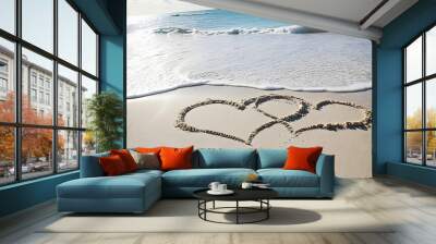 two hearts drawn on perfectly white sand of paradise beach Wall mural