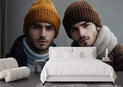 Two serious male models wearing winter clothes posing on grey background Wall mural