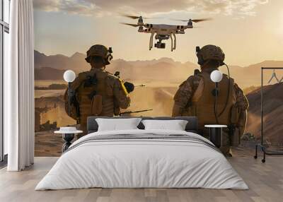 Two soldiers observe a drone hovering above them in a desert. Concept Military Operation, Surveillance Drones, Desert Landscape, Army Soldiers, Technology in Combat Wall mural