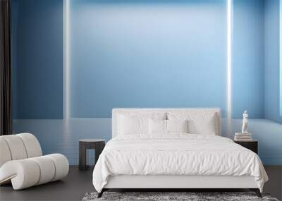 Universal minimalistic blue background for presentation. A light blue wall in the interior with beautiful built-in lighting and a smooth floor. Wall mural