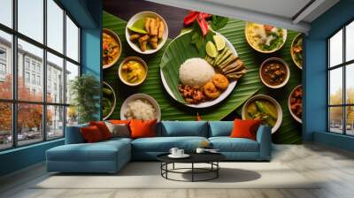 Variety of authentic thai traditional meal set on green banana leaves Wall mural