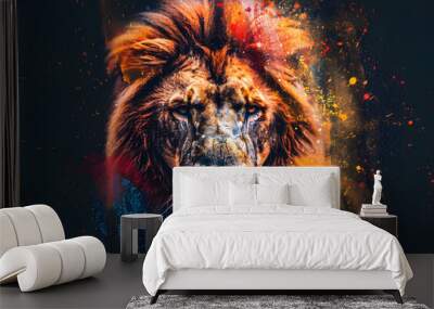 Vibrant lion head with colorful paint splatter on dark background Wall mural