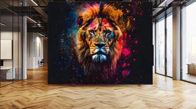 Vibrant lion head with colorful paint splatter on dark background Wall mural