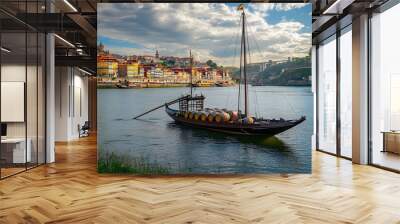 View of Porto city and Douro river with traditional boats with port wine barrels and sailing ship from famous tourist viewpoint Marginal de Gaia riverfront. Porto, Vila Nova de Gaia, Portugal Wall mural