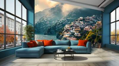 view of Positano town - famous old italian resort at summer day, Italy, retro toned Wall mural