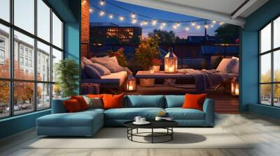 View over cozy outdoor terrace with outdoor string lights. Autumn evening on the roof terrace of a beautiful house with lanterns, digital ai art Wall mural