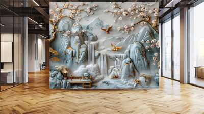 Volumetric stucco molding on a concrete wall with golden elements, Japanese landscape, waterfall, mountains, sakura. Wall mural