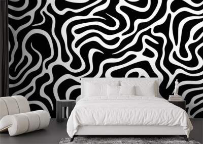 Wavy and swirled brush strokes vector seamless pattern. Bold curved lines and squiggles ornament. Seamless horizontal banner with doodle bold lines. Black and white wallpaper. Wall mural